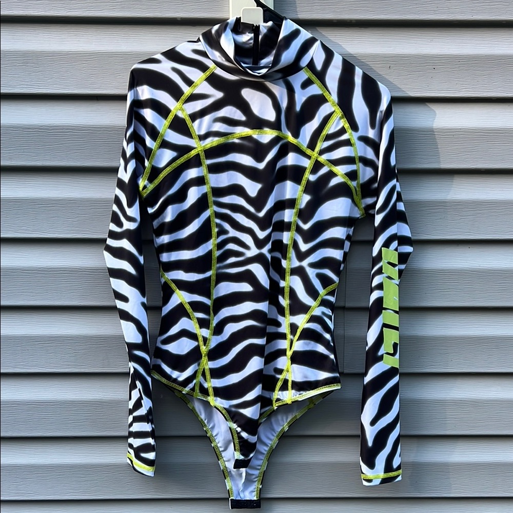 Daily Paper Zebra Neon Stripe High Neck Long Sleeve Bodysuit Black White Medium